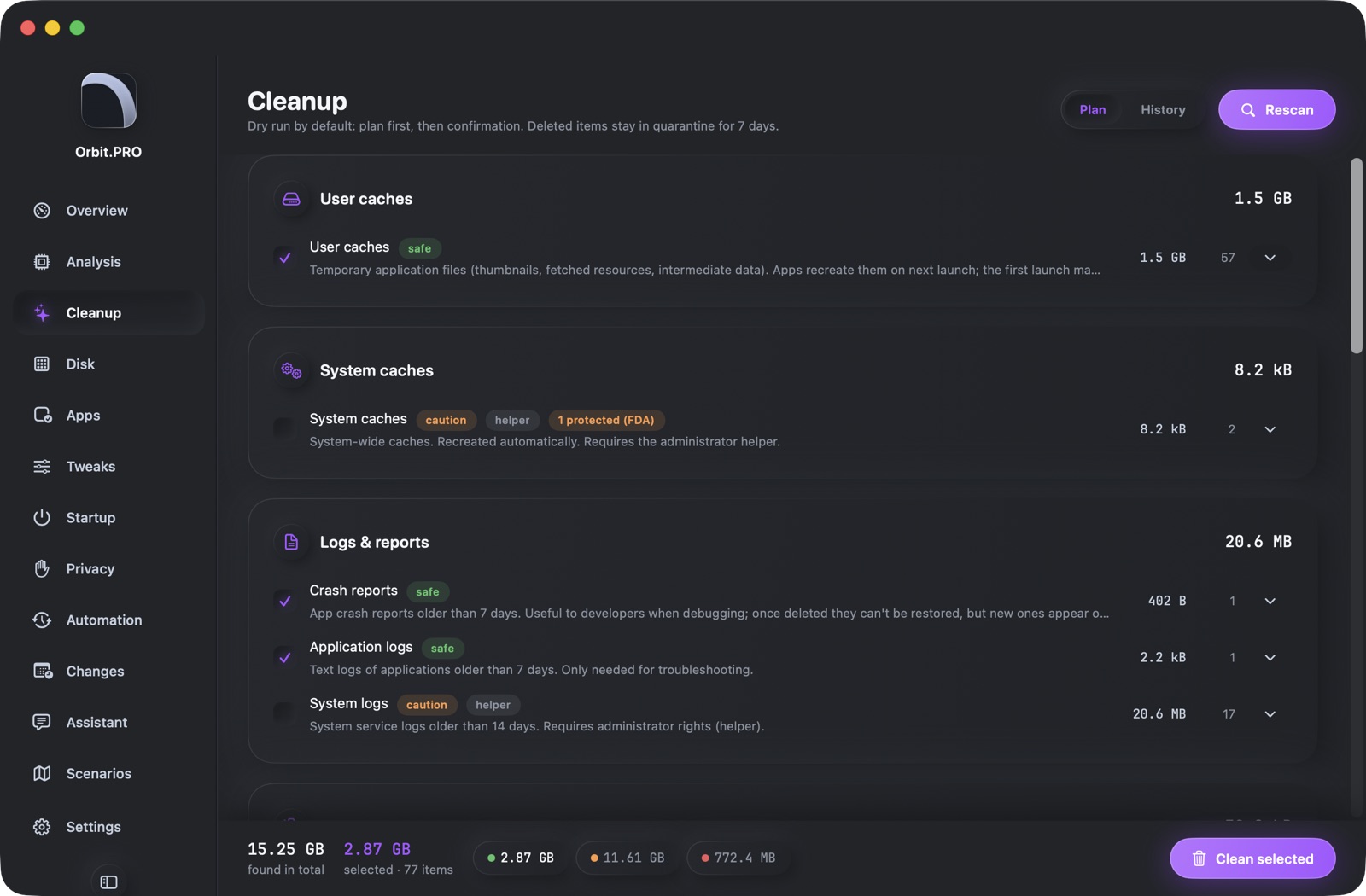 Screenshot of section «Cleanup» — Orbit.PRO