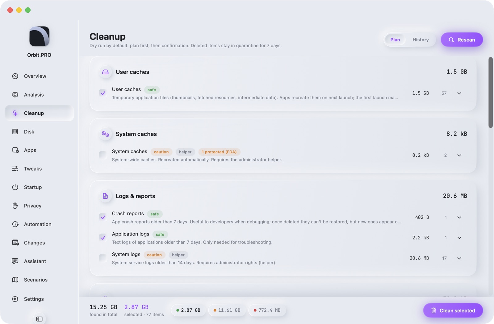 Screenshot of section «Cleanup» — Orbit.PRO