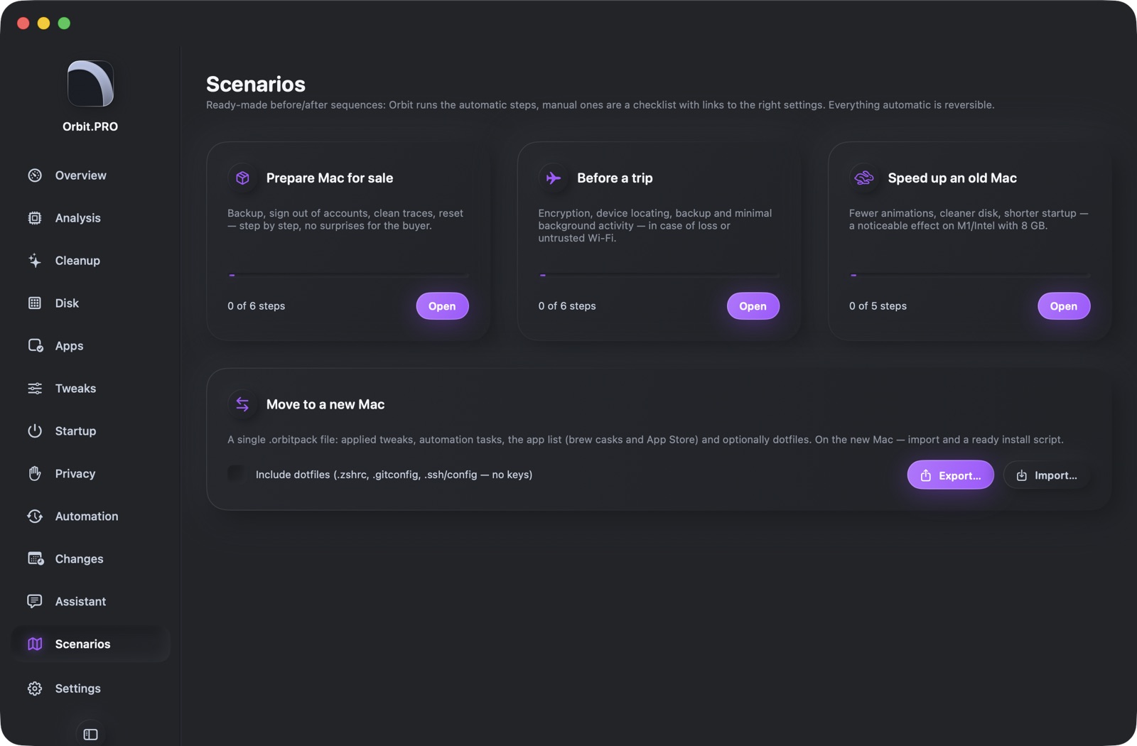 Screenshot of section «Scenarios» — Orbit.PRO