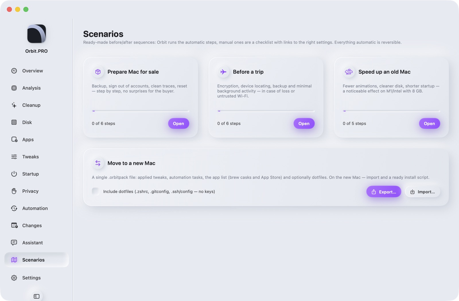 Screenshot of section «Scenarios» — Orbit.PRO